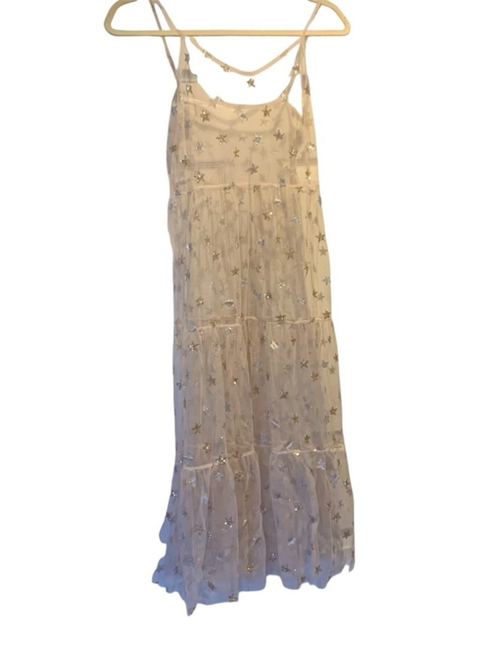 Sheer Star-Embellished Tiered Girl’s Maxi Dress - Ivory with Gold Stars small